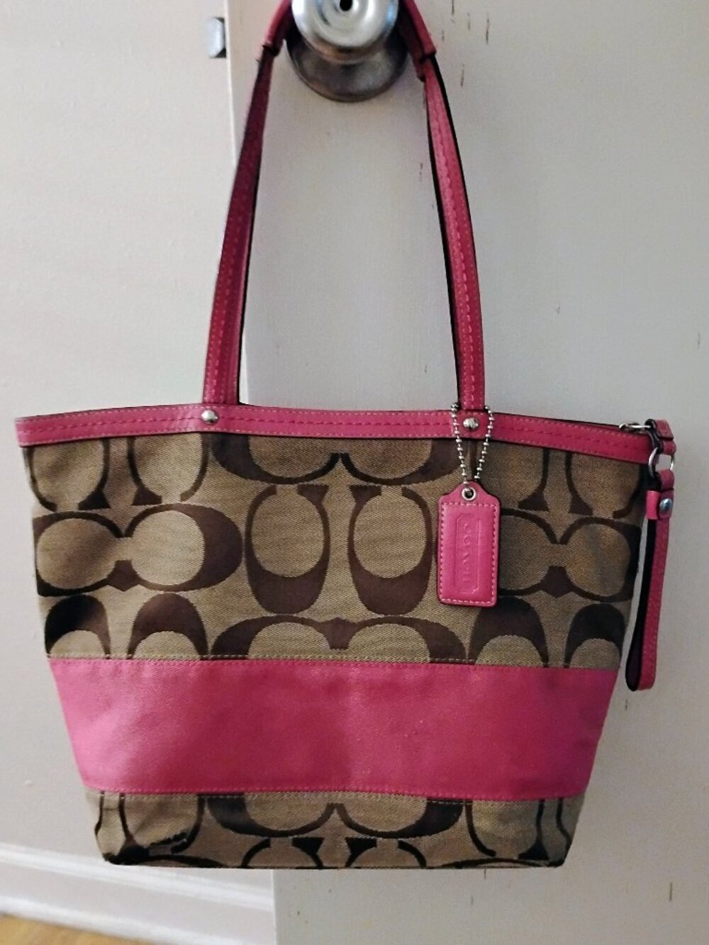 Coach Legacy Pink and Khaki Stripe Tote Purse NWOT